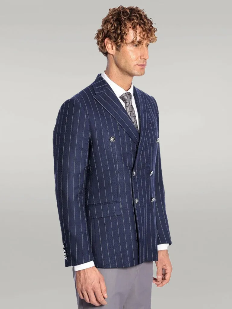 WSS Double Breasted Slim Fit Striped Navy Blue Men Blazer  - Singen