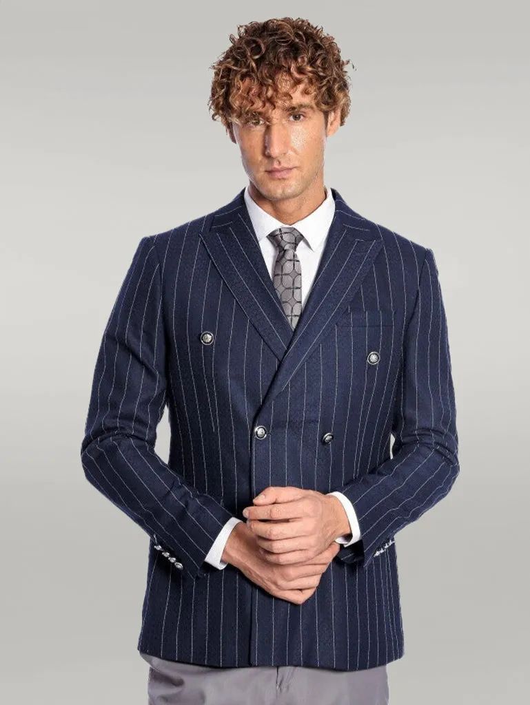 WSS Double Breasted Slim Fit Striped Navy Blue Men Blazer  - Singen