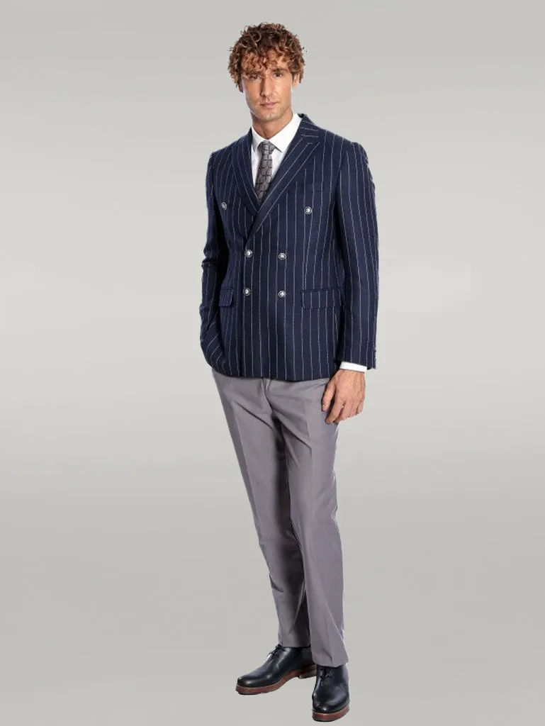 WSS Double Breasted Slim Fit Striped Navy Blue Men Blazer  - Singen