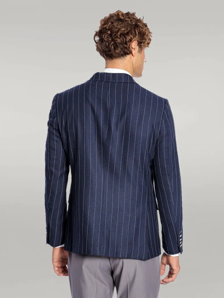 WSS Double Breasted Slim Fit Striped Navy Blue Men Blazer  - Singen