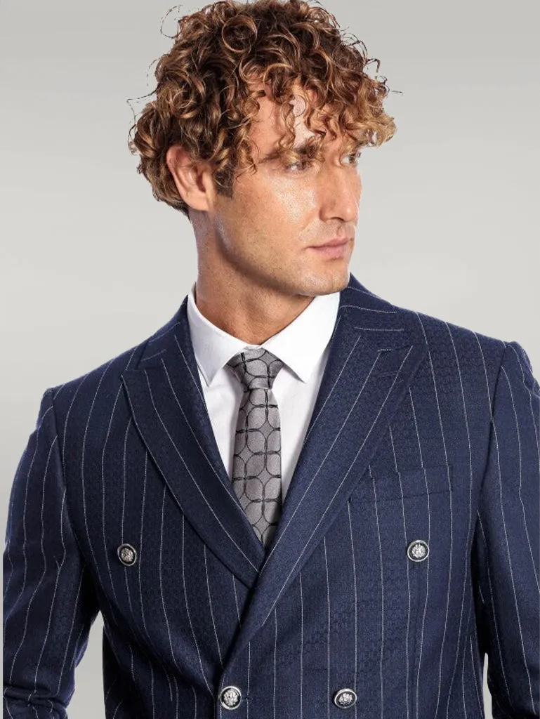 WSS Double Breasted Slim Fit Striped Navy Blue Men Blazer  - Singen
