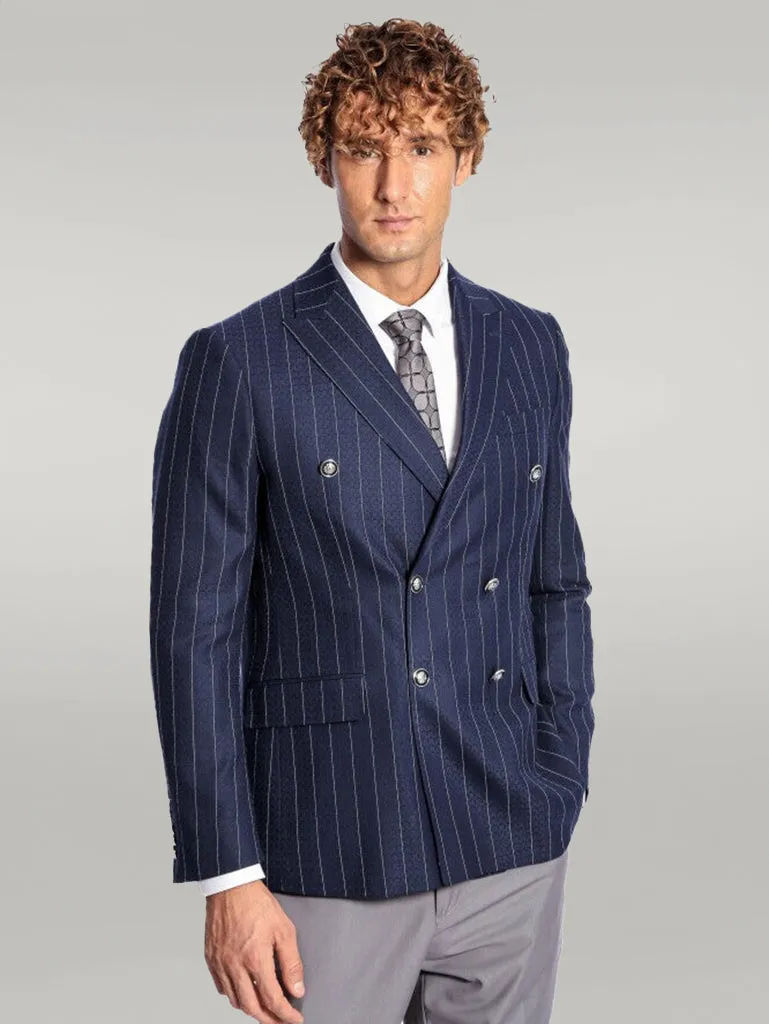WSS Double Breasted Slim Fit Striped Navy Blue Men Blazer  - Singen