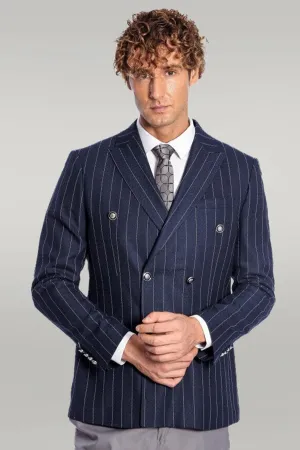 WSS Double Breasted Slim Fit Striped Navy Blue Men Blazer  - Singen