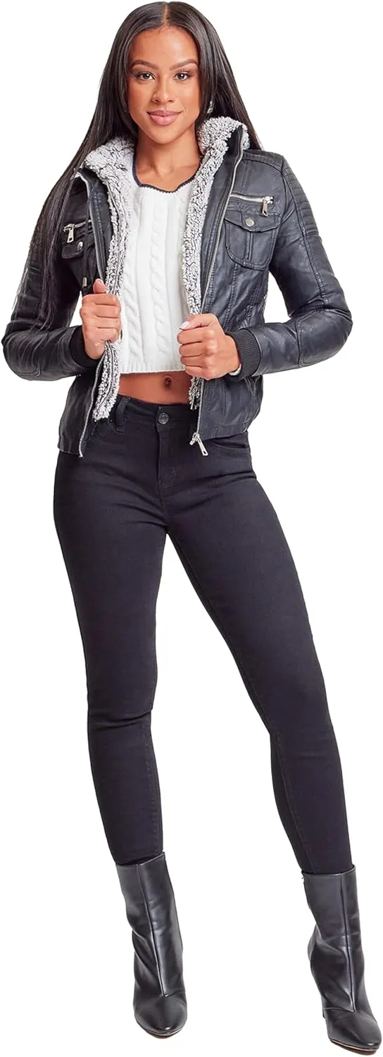 YMI Women's Junior Full Length Puffer Jacket with Detachable Sherpa Hood
