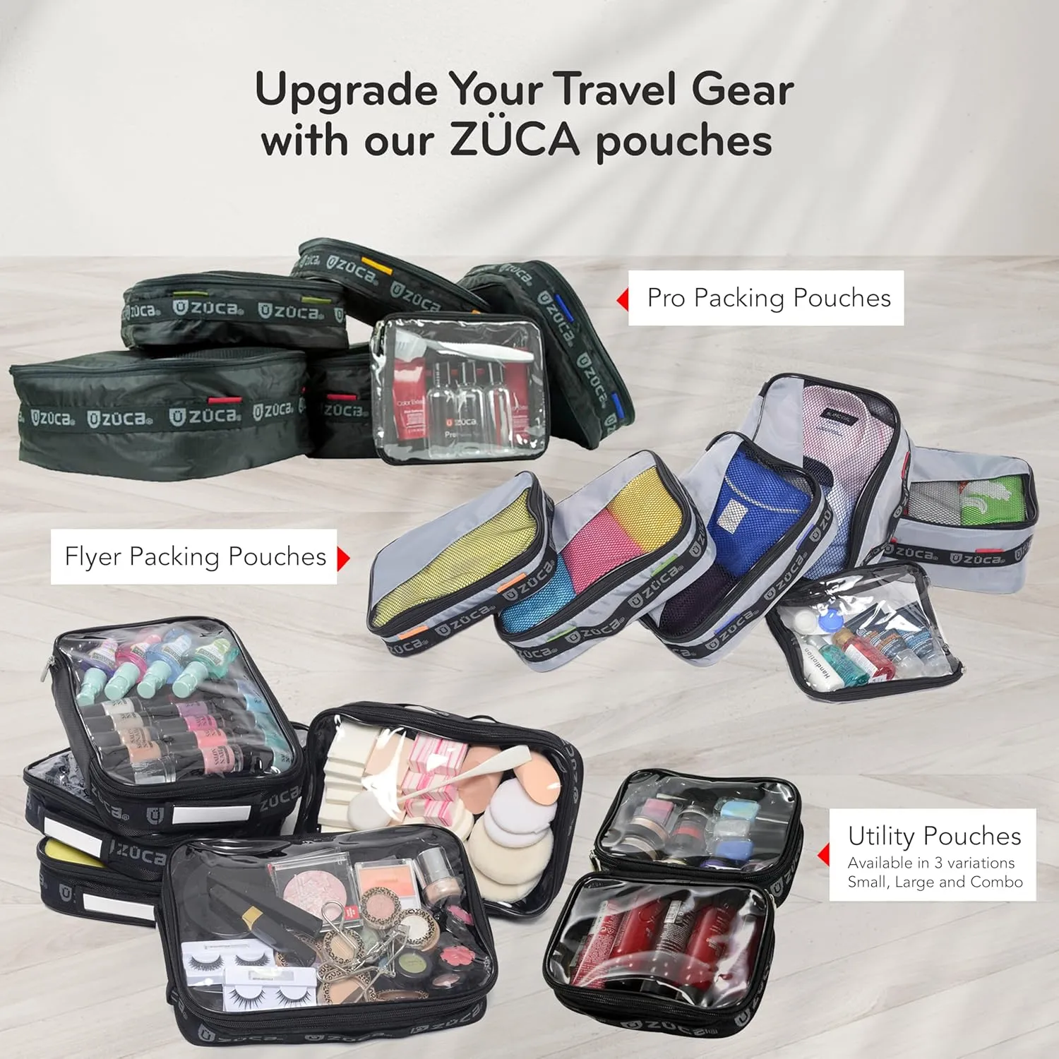 ZUCA Pro-Black Standard Packing Utility Pouch Set - Durable, Spacious CosmeticStorage Solution, Clear TSA Approved Toiletry Bag For Travel & Professional Use